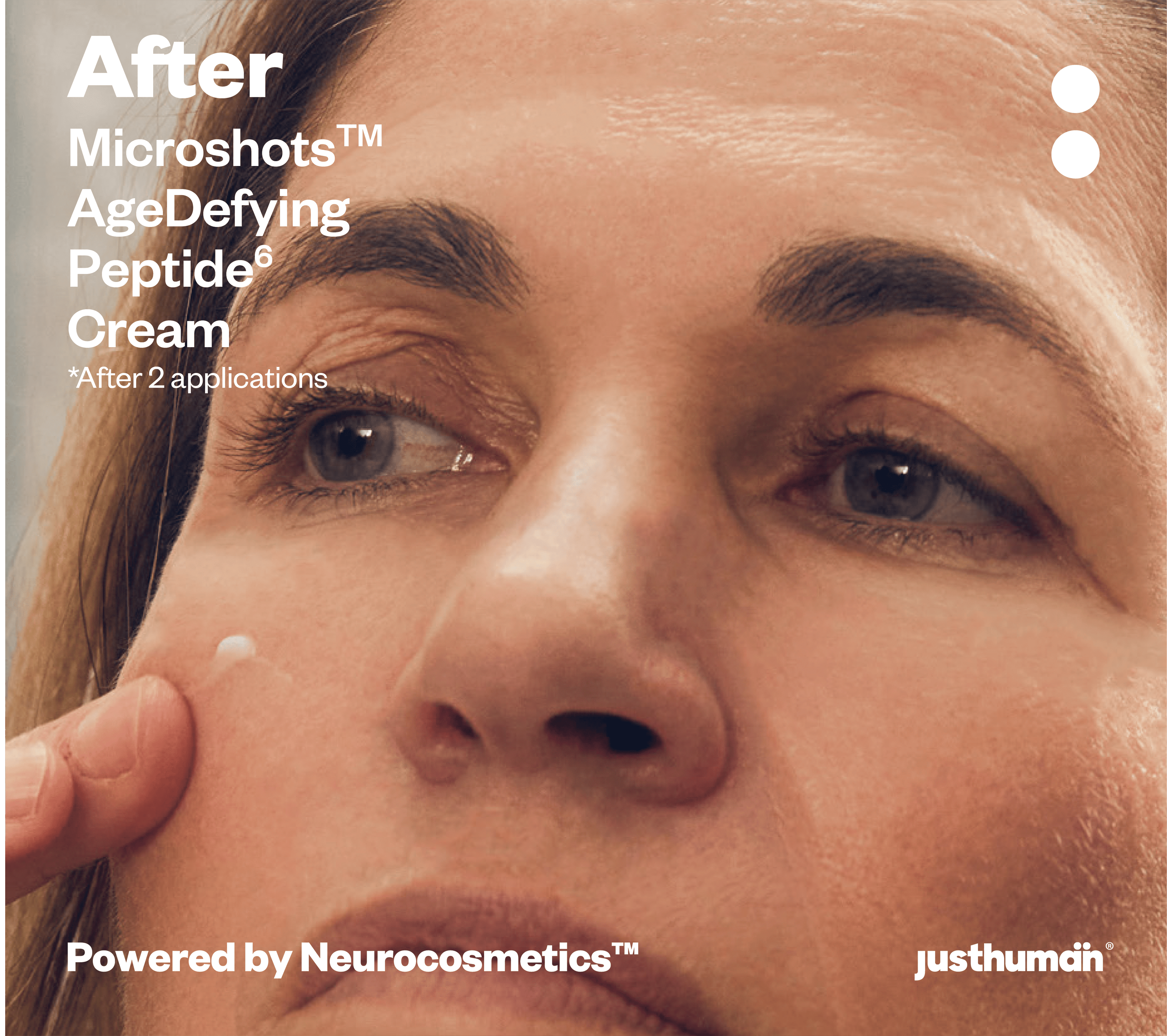 woman applying Justhuman's AgeDefying Peptide6 Cream